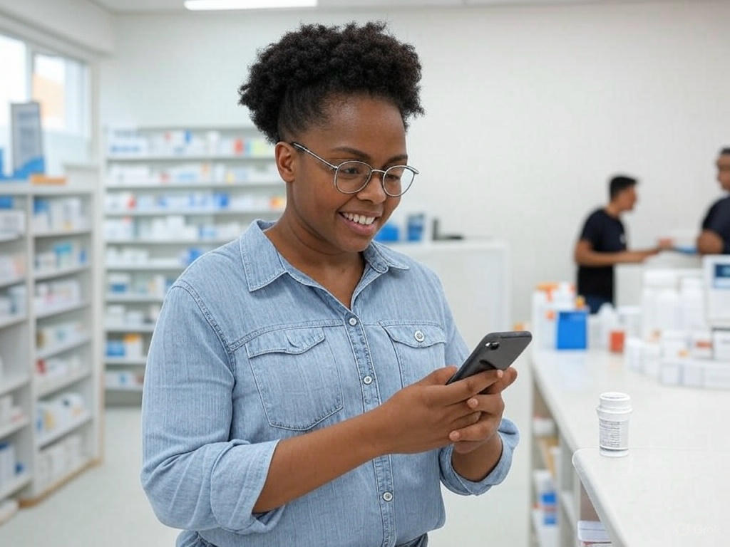 Woman using smartphone to verify medication at pharmacy